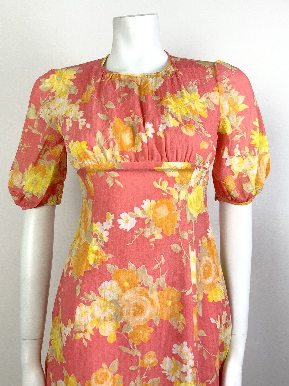 VINTAGE 60s 70s PINK YELLOW ORANGE FLORAL PUFF SLEEVE MOD EMPIRE LINE DRESS 8