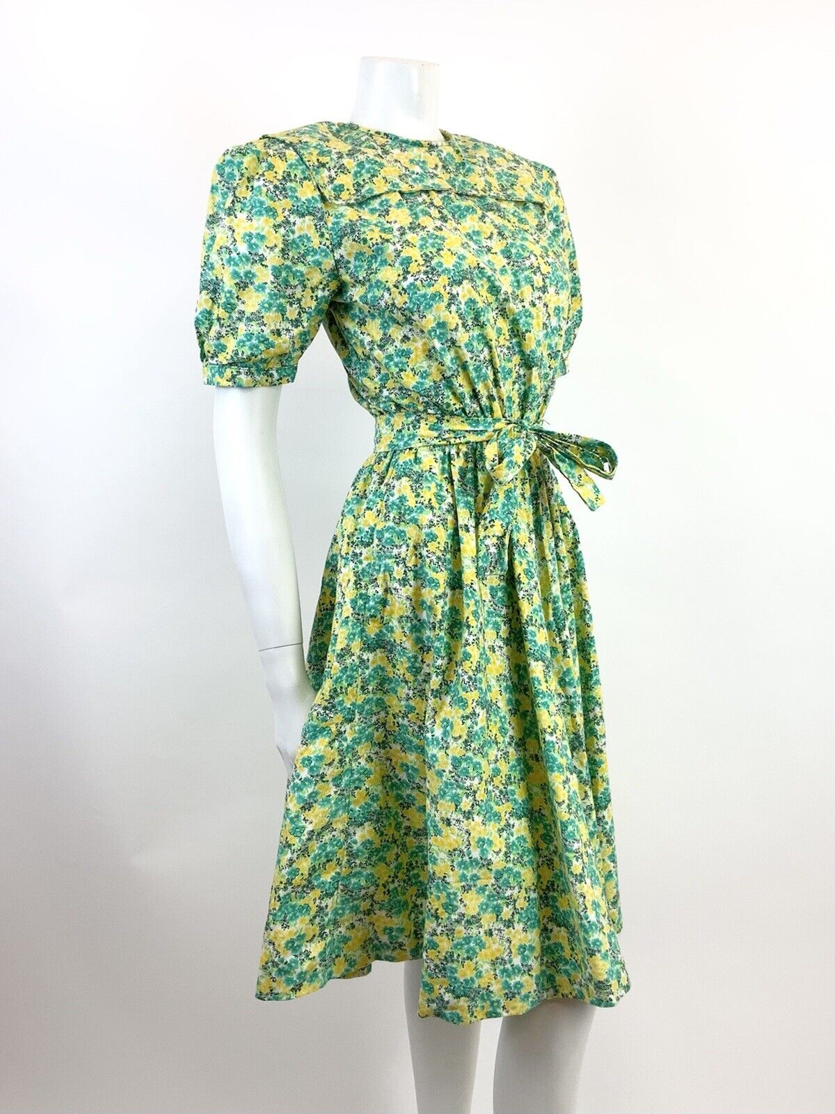 VINTAGE 60s 70s GREEN YELLOW WHITE FLORAL DITSY PRAIRIE FOLK SWING DRESS 8 10