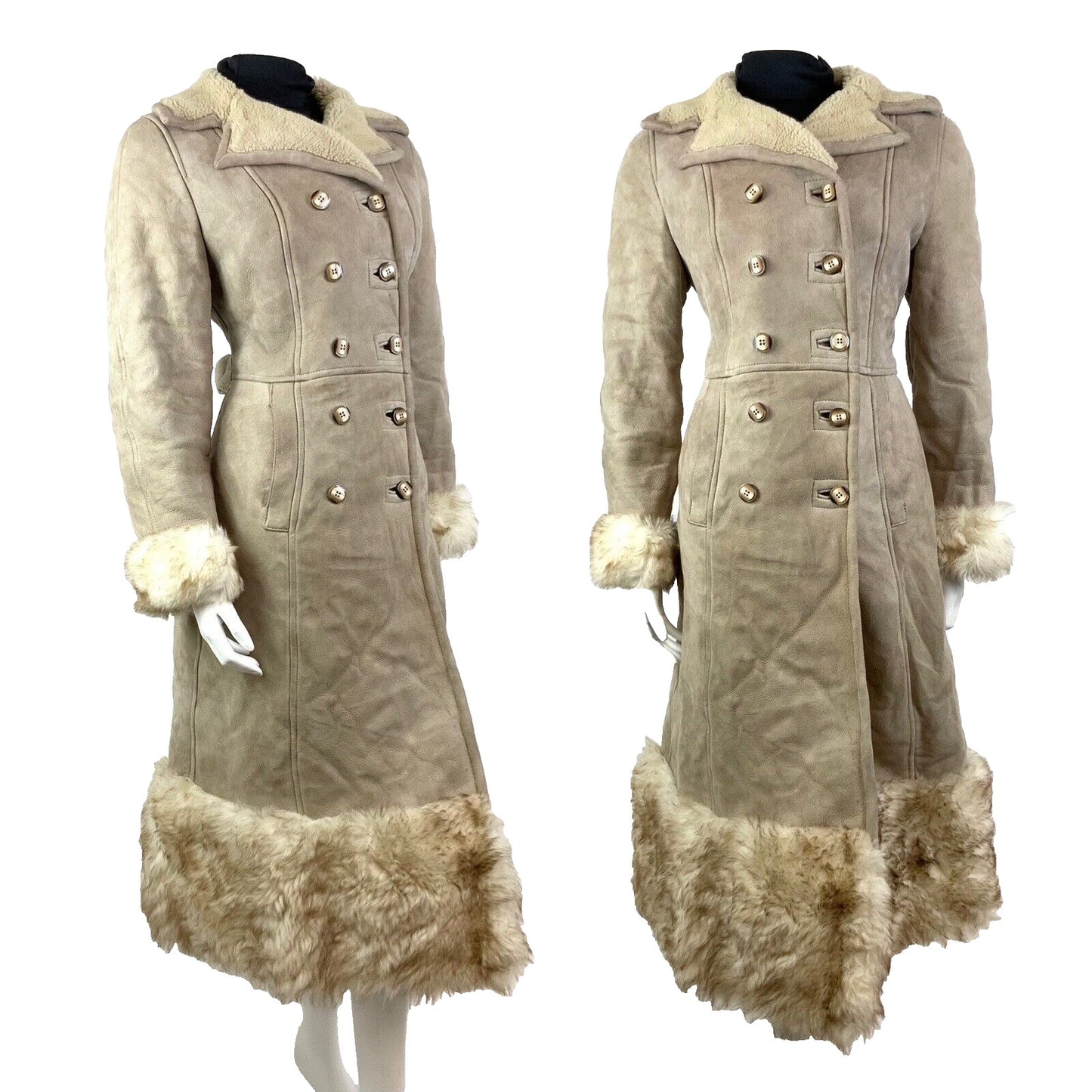 VINTAGE 60s 70s BEIGE CREAM DOUBLE-BREASTED SHEARLING PENNY LANE BOHO COAT 8 10