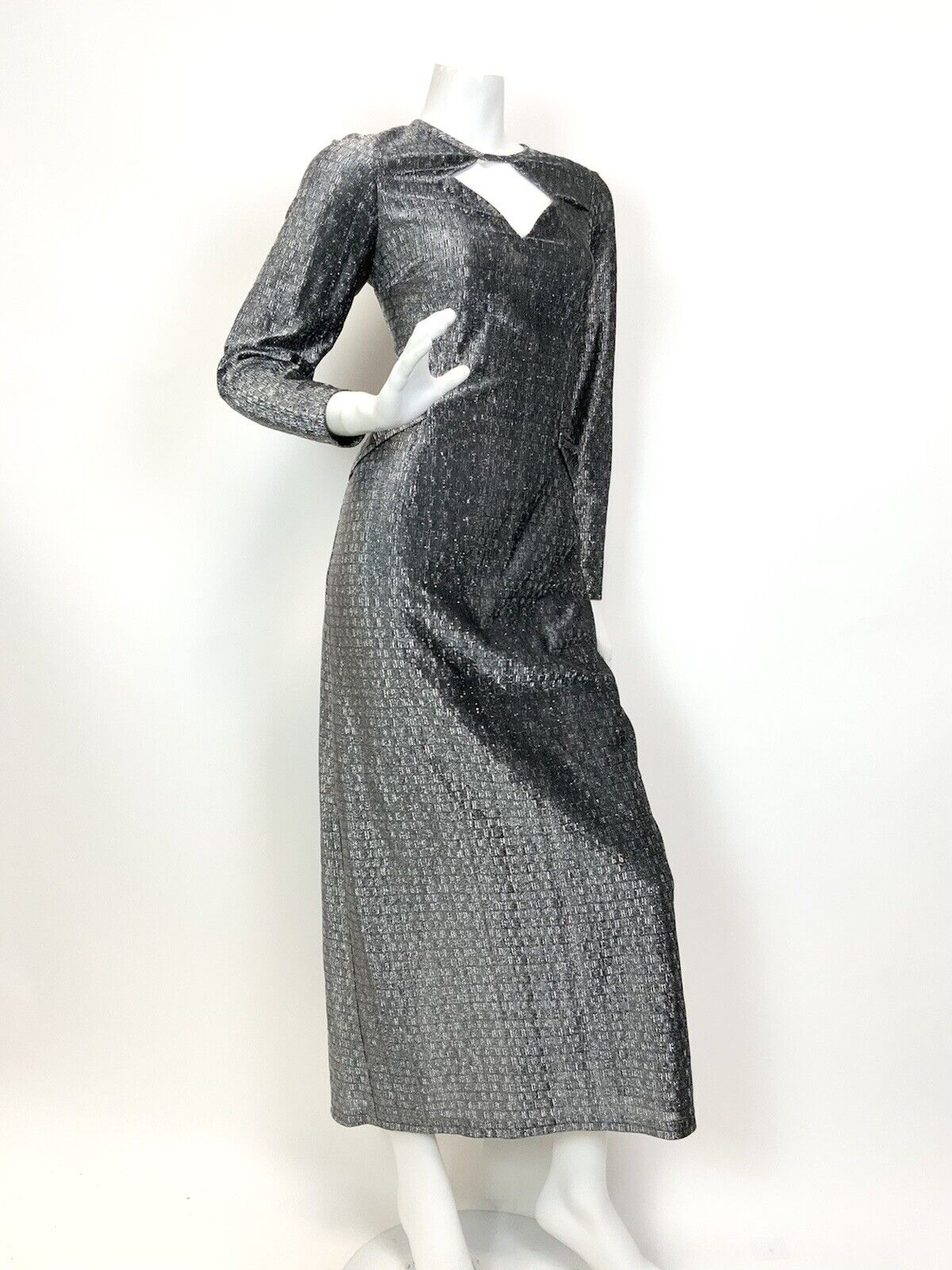 VINTAGE 60s 70s SILVER LUREX CUT-OUT DISCO STUDIO 54 GLAM PARTY MAXI DRESS 10 12