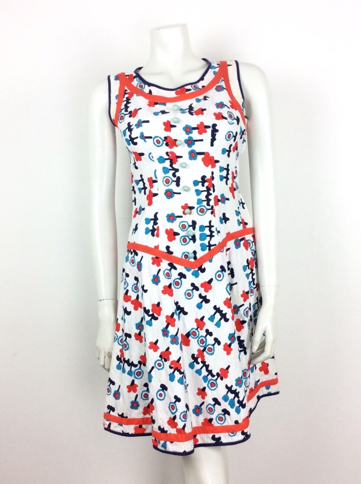 AMAZING VINTAGE 60s 70s FLORAL SUMMER DRESS POPPY RED BLUE WHITE 4 6