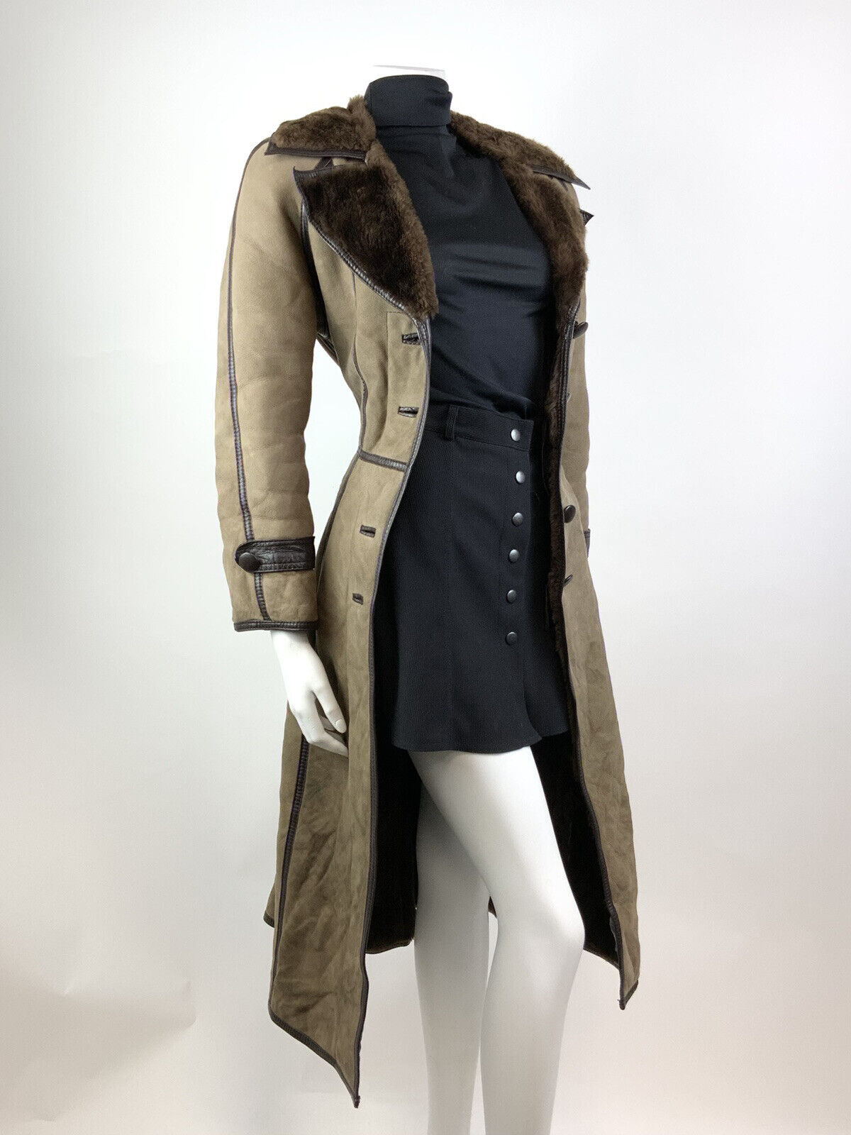 VTG 70s LIGHT BROWN PANELLED TIE WAIST SUEDE LEATHER DAGGER COLLAR COAT 8 10
