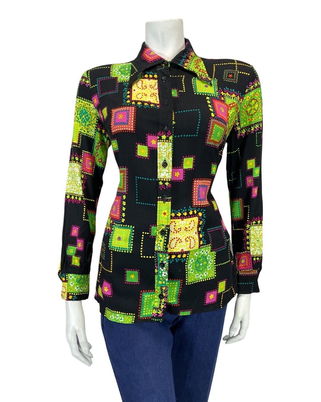 VINTAGE 60s 70s BLACK GREEN PINK PATCHWORK PAISLEY MOD DAGGER SHIRT 10 12