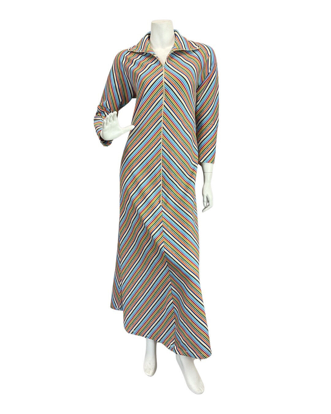 VINTAGE 70s BLUE WHITE RED GREEN STRIPED MOD ZIP-UP SHIRT MAXI DRESS 12 14