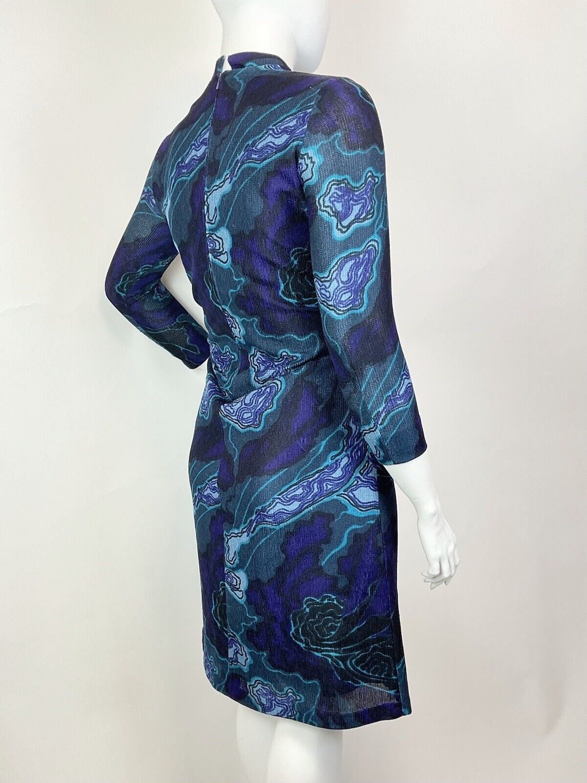 VINTAGE 60s 70s BLUE PURPLE BLACK PSYCHEDELIC GEODE MOD MANDARIN COLLAR DRESS 16