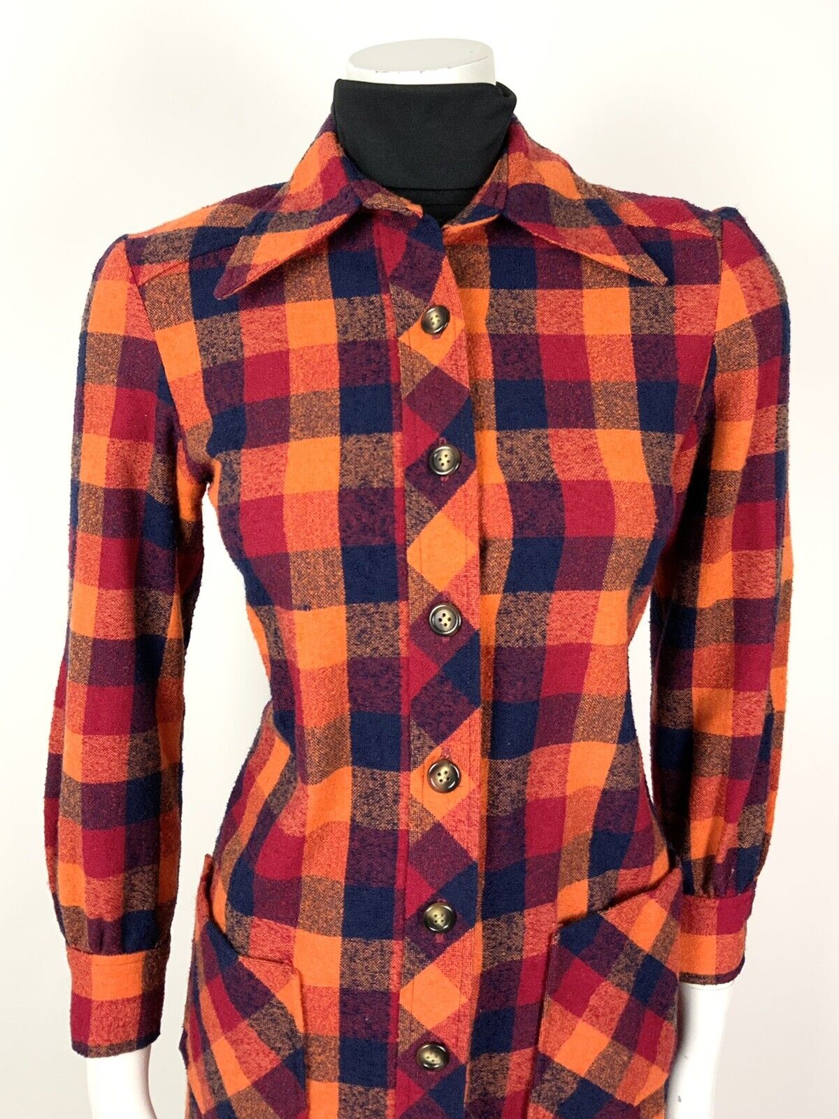 VINTAGE ORANGE RED BLUE CHECKED DAGGER COLLAR MOD WOOL COAT 8 10