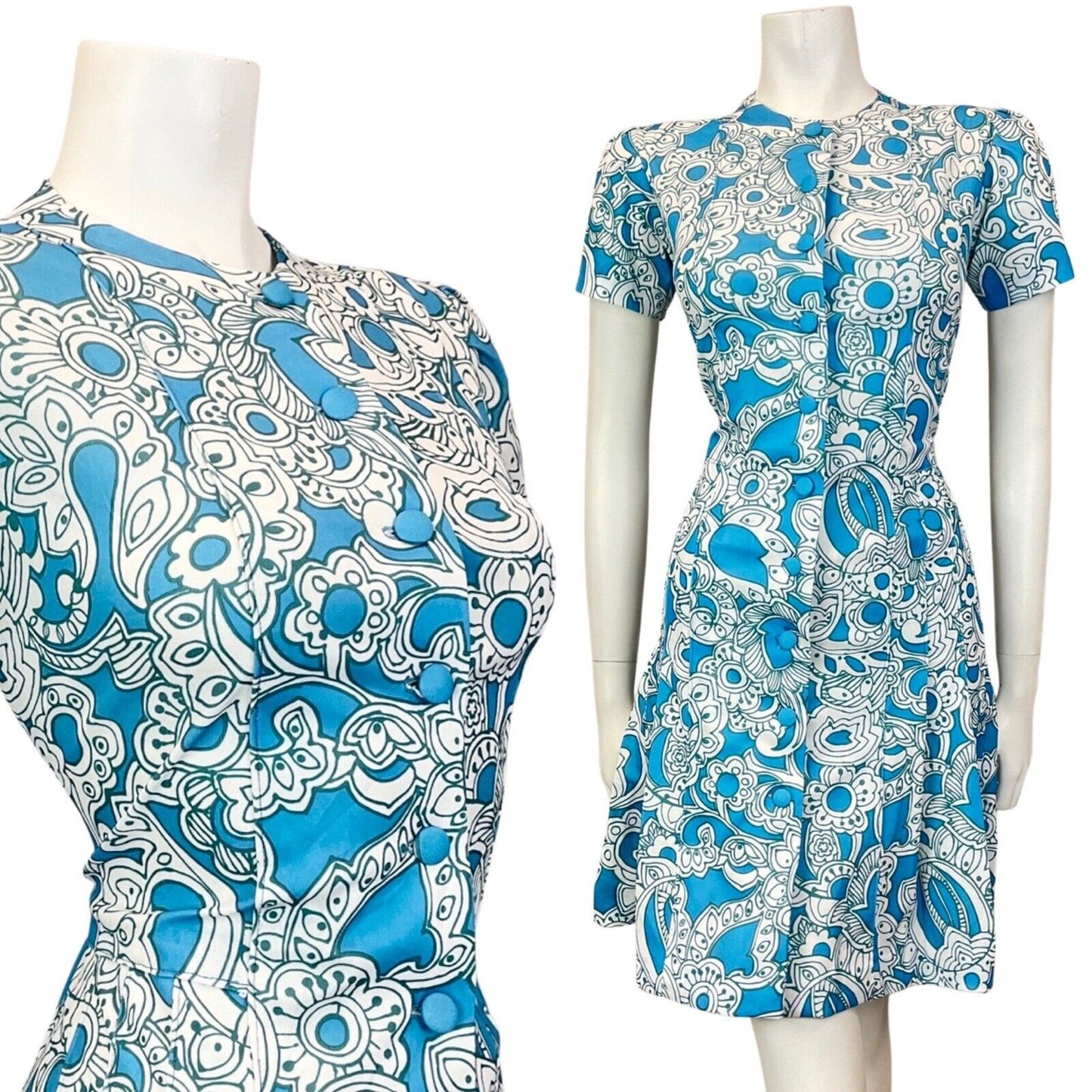 VINTAGE 60s 70s BLUE WHITE PSYCHEDELIC FLORAL PLEATED MOD SHORT DRESS 10
