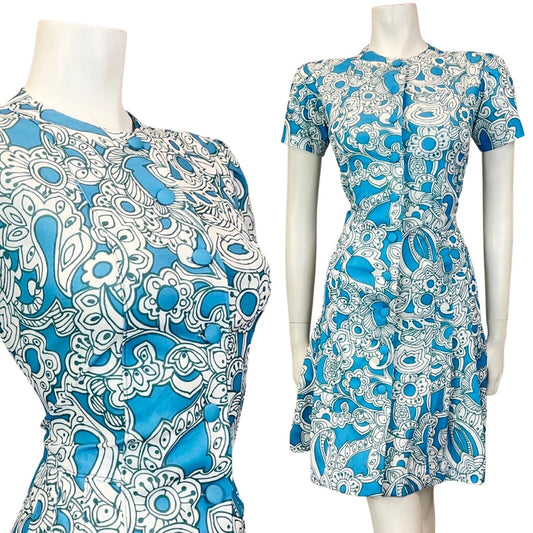 VINTAGE 60s 70s BLUE WHITE PSYCHEDELIC FLORAL PLEATED MOD SHORT DRESS 10