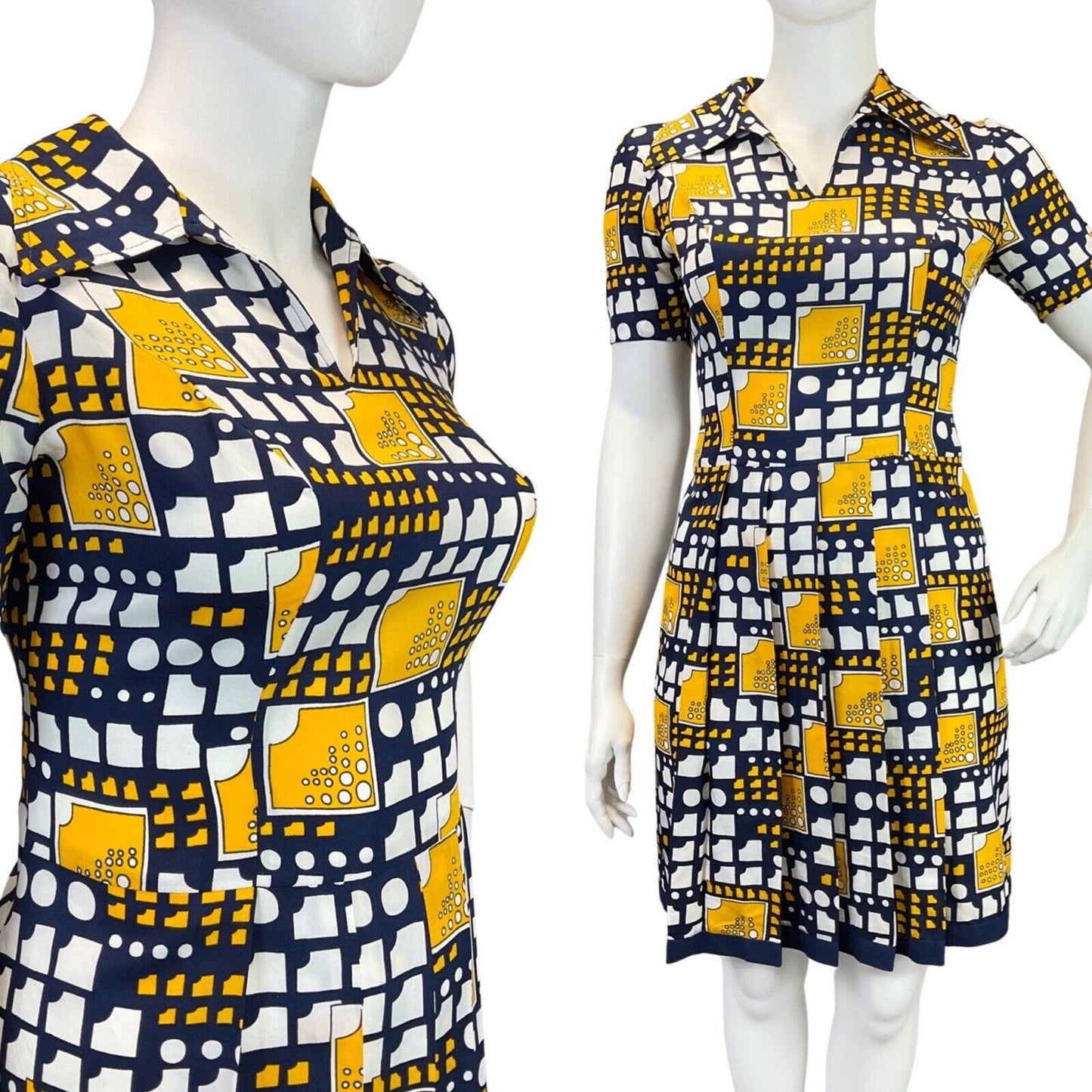 VINTAGE 60s 70s NAVY BLUE WHITE YELLOW GEOMETRIC MOD PLEATED DAGGER DRESS 16