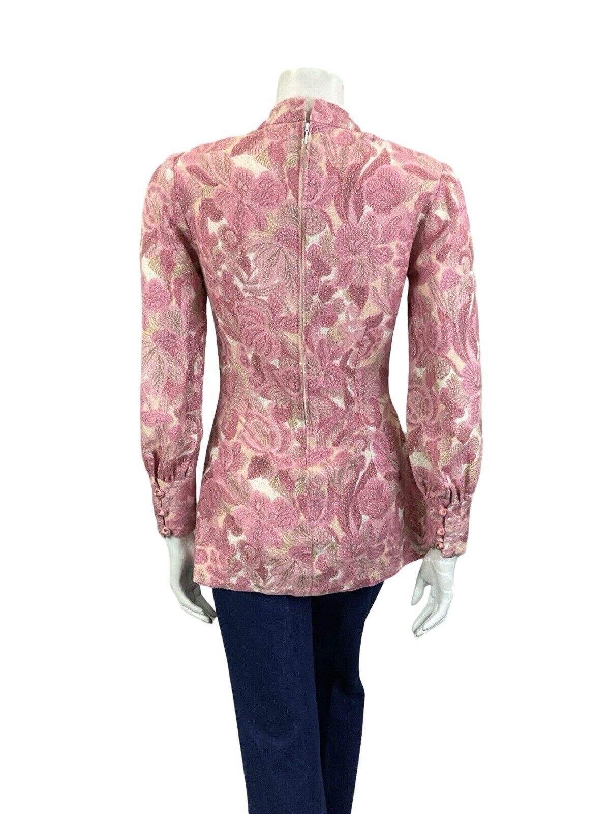 VTG 60S HIPPY PINK CREAM SPARKLING HIGH NECK BISHOP SLEEVE TUNIC PARTY TOP 8