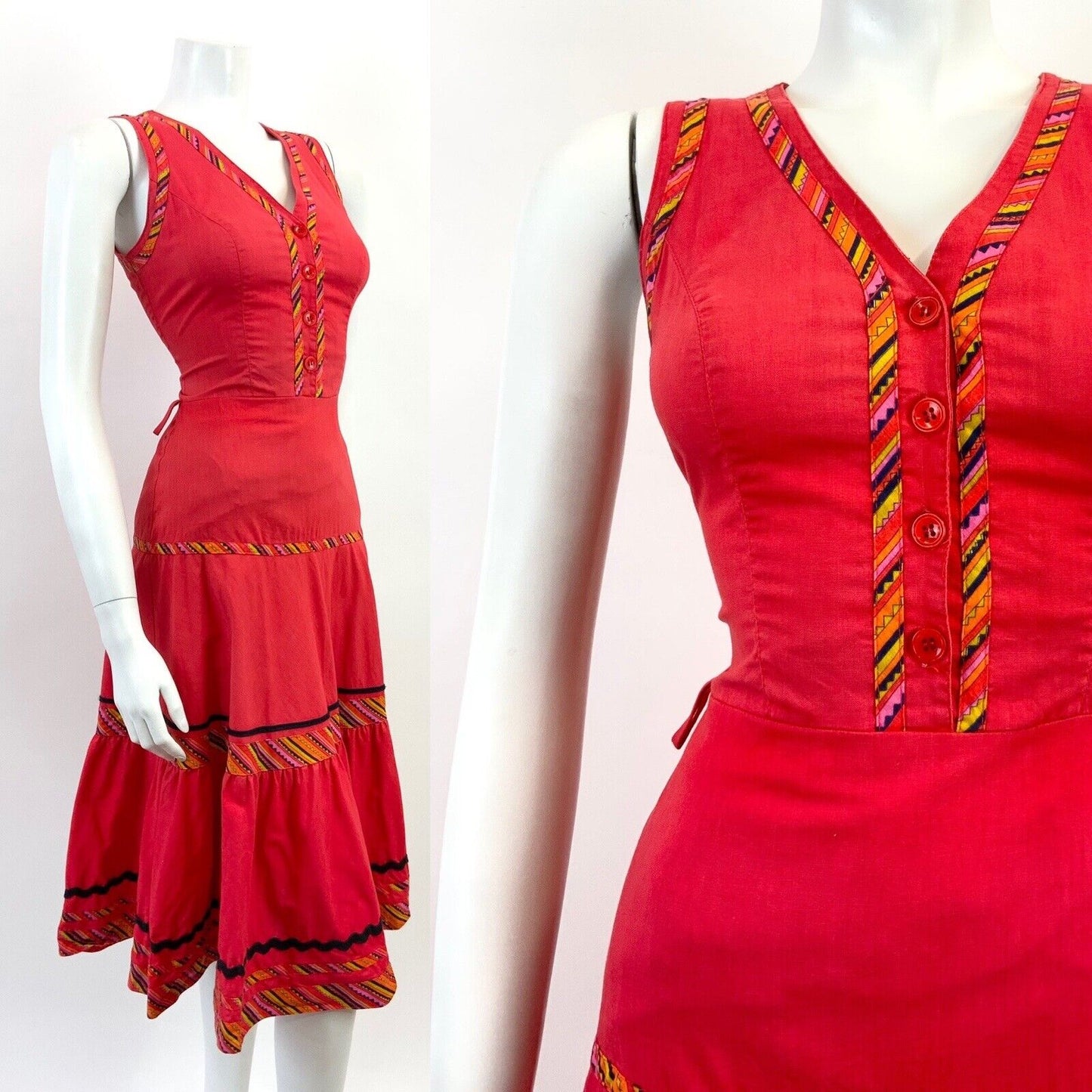 VTG 60s 70s FOLK RED ORANGE BLACK STRIPED GEOMETRIC AZTEC TIERED MOD DRESS 8 10