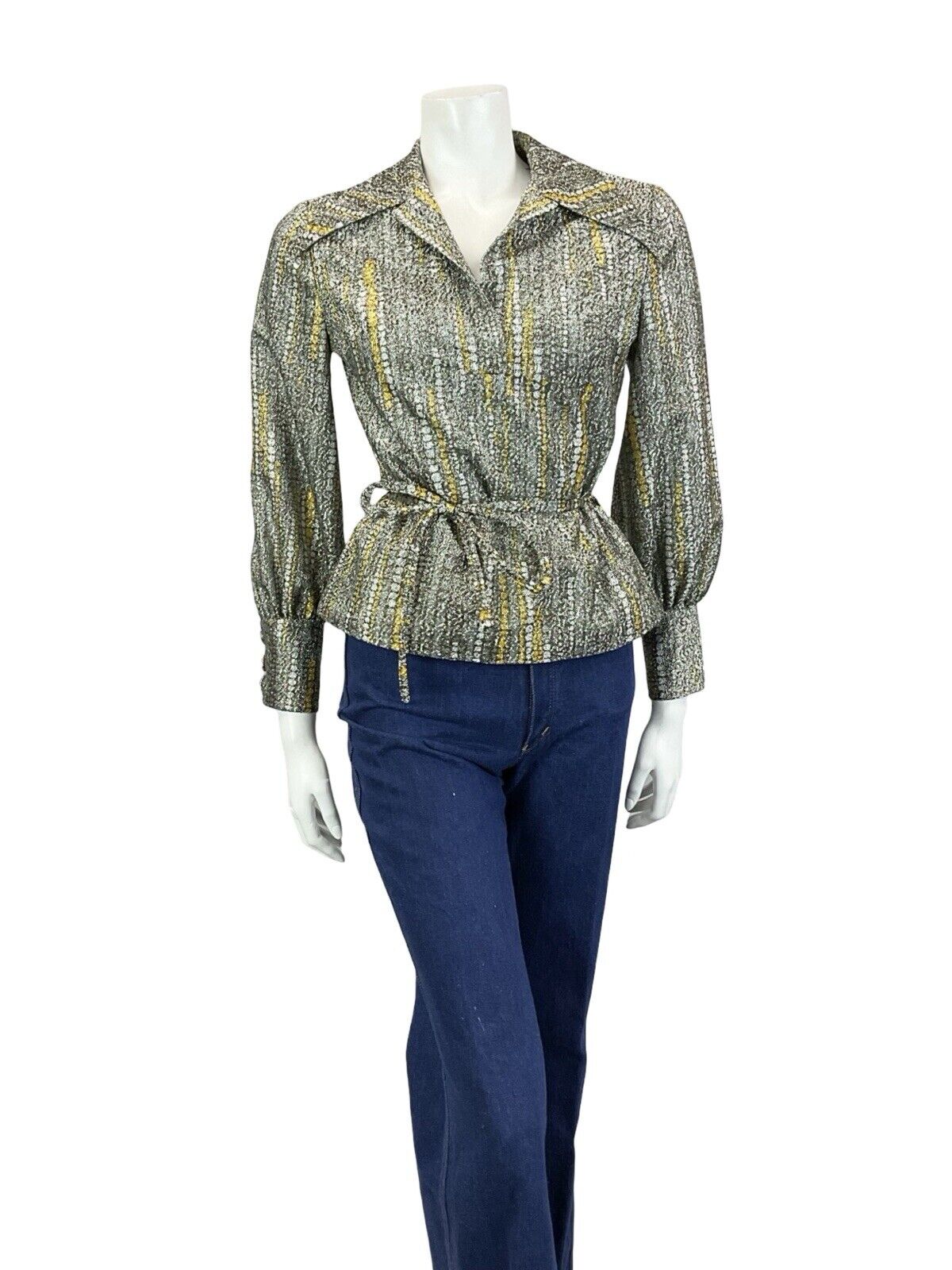 VTG 70S SILVER GOLD SPOTTY METALLIC DAGGER COLLAR BISHOP SLEEVE PARTY SHIRT 8