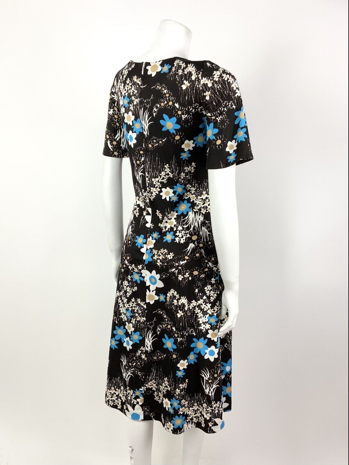 VINTAGE 60s 70s DARK BROWN WHITE BLUE FLORAL DAISY SUMMER DRESS 12