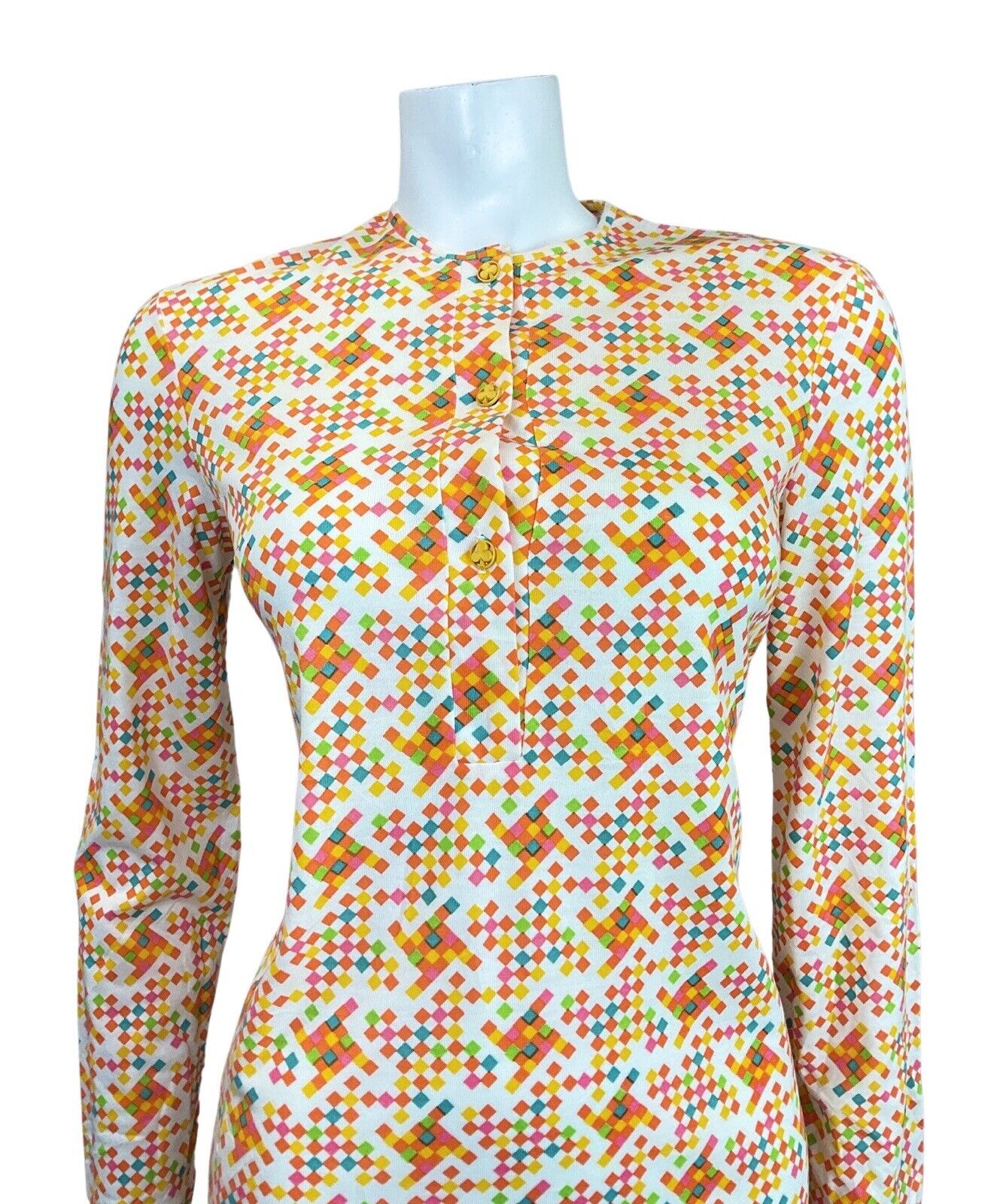 VINTAGE 60s 70s WHITE ORANGE RED BLUE PIXEL CHECKED GEOMETRIC MOD MIDI DRESS 8