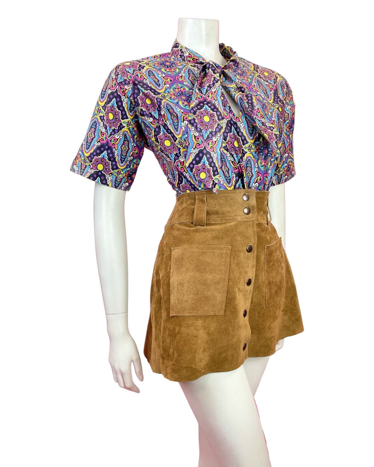 VTG 60s 70s PURPLE BLUE YELLOW PINK PSYCHEDELIC FLORAL PUSSYBOW BLOUSE TOP 16 18