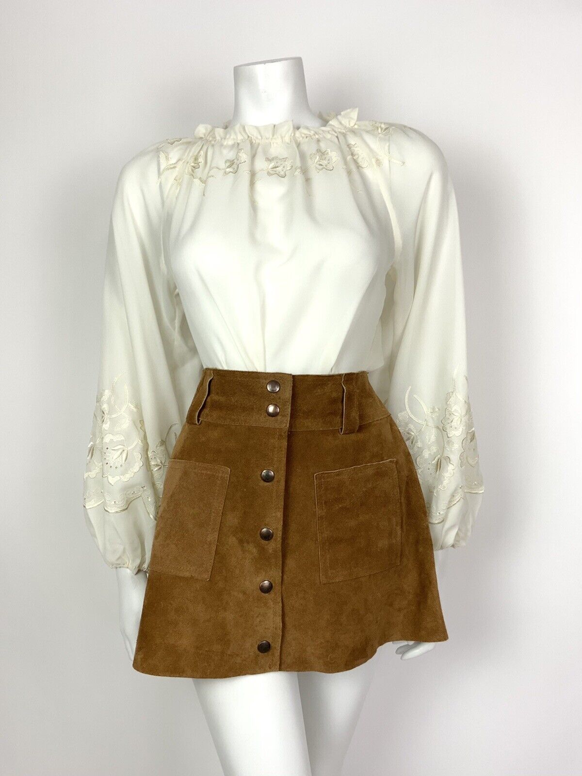 VTG 60s 70s CREAM EMBROIDERED FLORAL PUFF SLEEVE SHEER PEASANT BOHO TOP 8 10