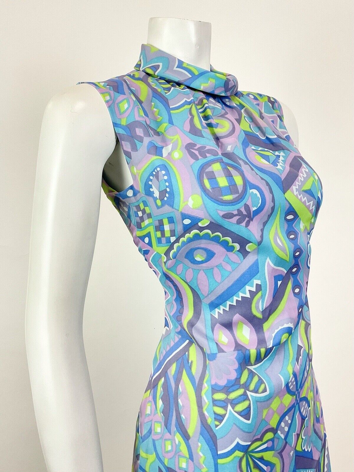 VINTAGE 60s 70s BLUE PURPLE GREEN PSYCHEDELIC GEOMETRIC MOD SHIFT DRESS 8 10