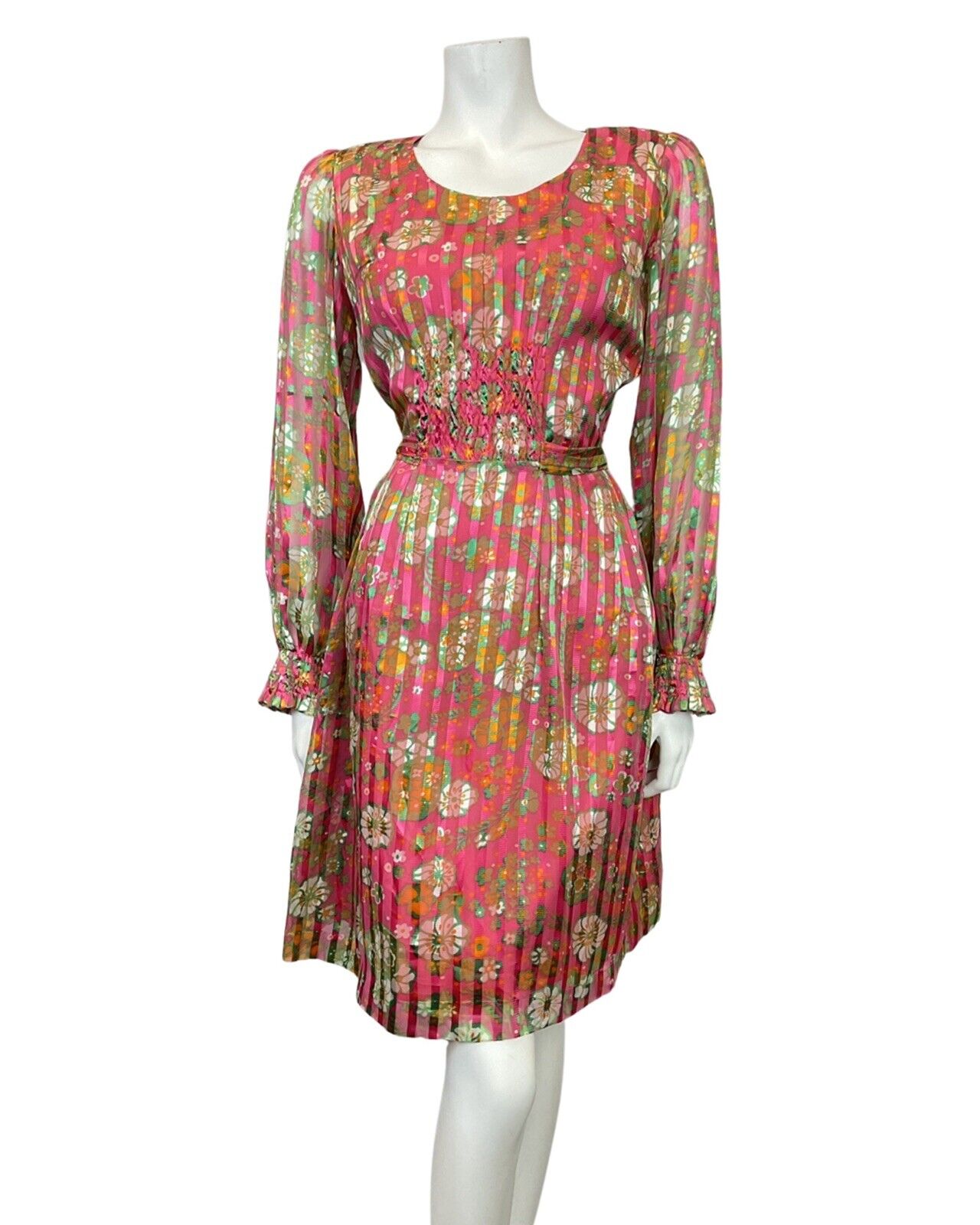 VINTAGE 60s 70s FUCHSIA PINK GREEN WHITE FLORAL STRIPED SHEER MOD DRESS 10 12