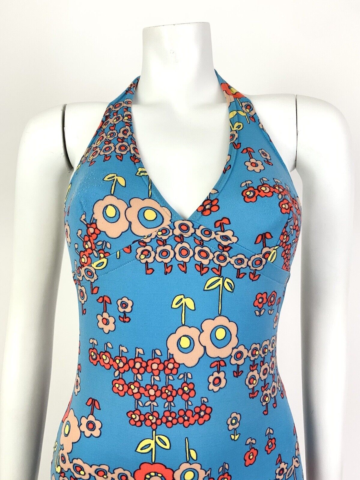VTG 60s 70s BLUE ORANGE FLORAL DAISY MOD PSYCHEDELIC BATHING SWIM SUIT 8 10