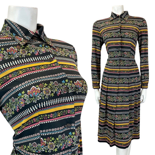VINTAGE 60s 70s BLACK YELLOW BLUE STRIPED FLORAL MOD MIDI DAGGER SHIRT DRESS 10