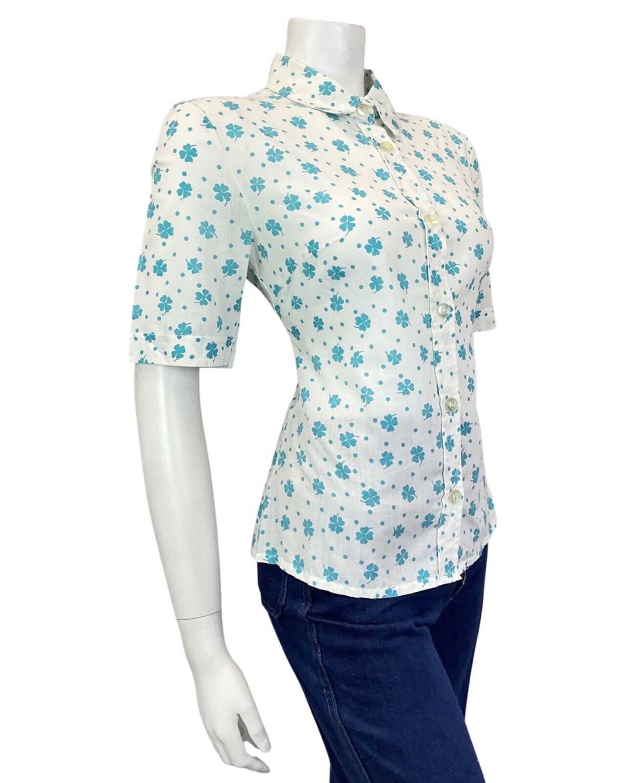 VINTAGE 60s 70s WHITE BLUE POLKA DOT CLOVER MOD SHORT SLEEVE SHIRT 12 14