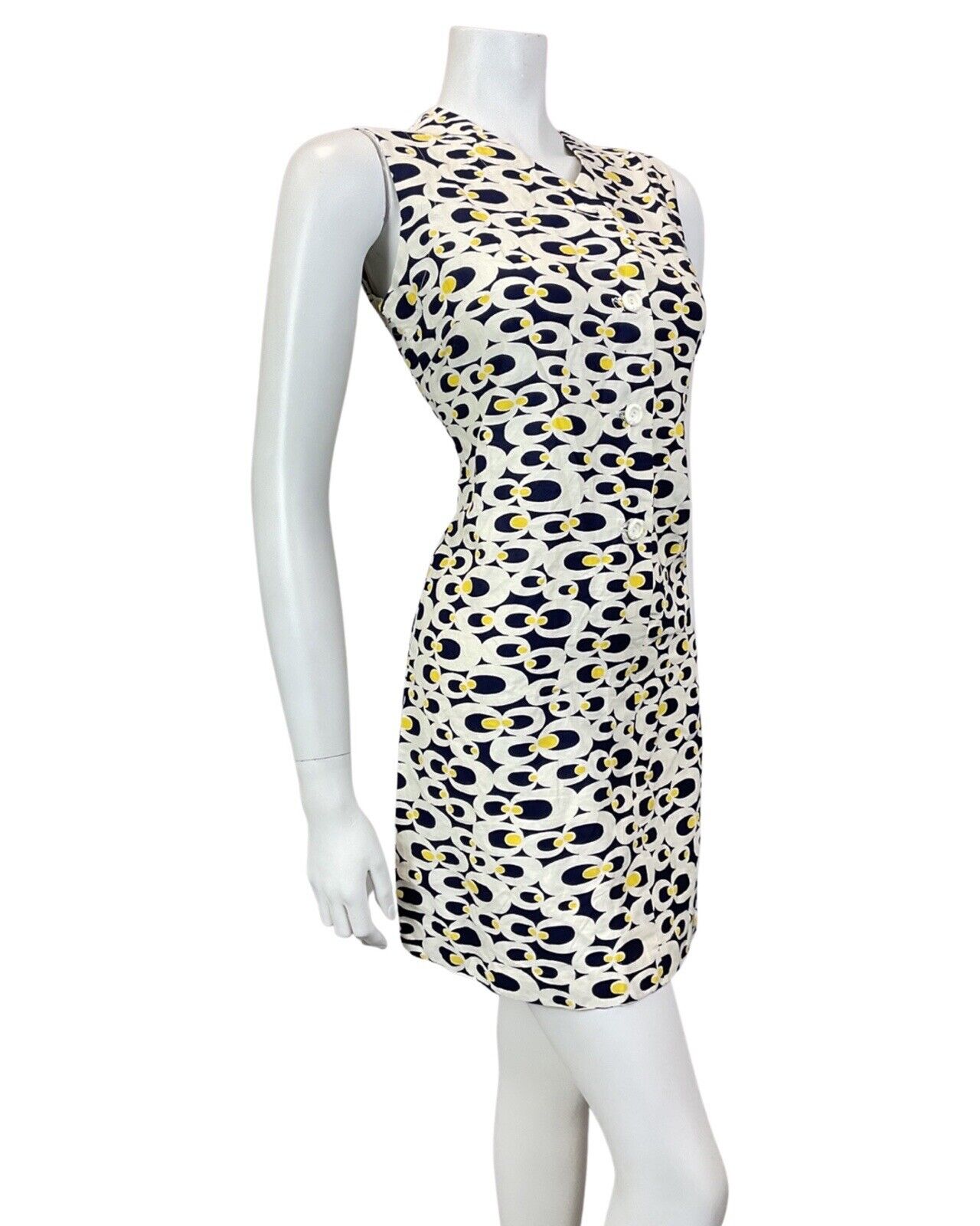 VINTAGE 60s 70s WHITE BLUE YELLOW PSYCHEDELIC MOD SLEEVELESS SHIFT DRESS 10