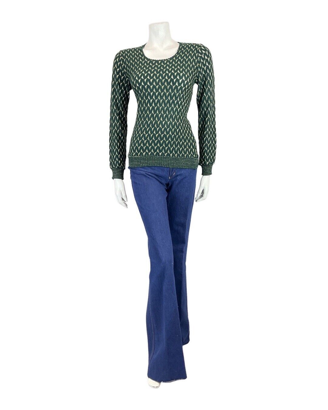 VINTAGE 60s 70s EMERALD GREEN GOLD TRIANGLE KNITTED JUMPER TOP 8 10