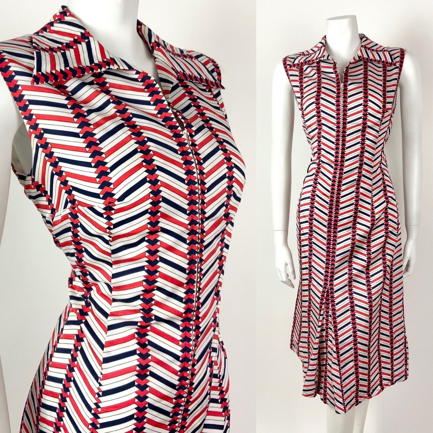 VINTAGE 60s 70s WHITE RED BLUE ZIG-ZAG GEOMETRIC DAGGER SHIRT MOD DRESS 12 14