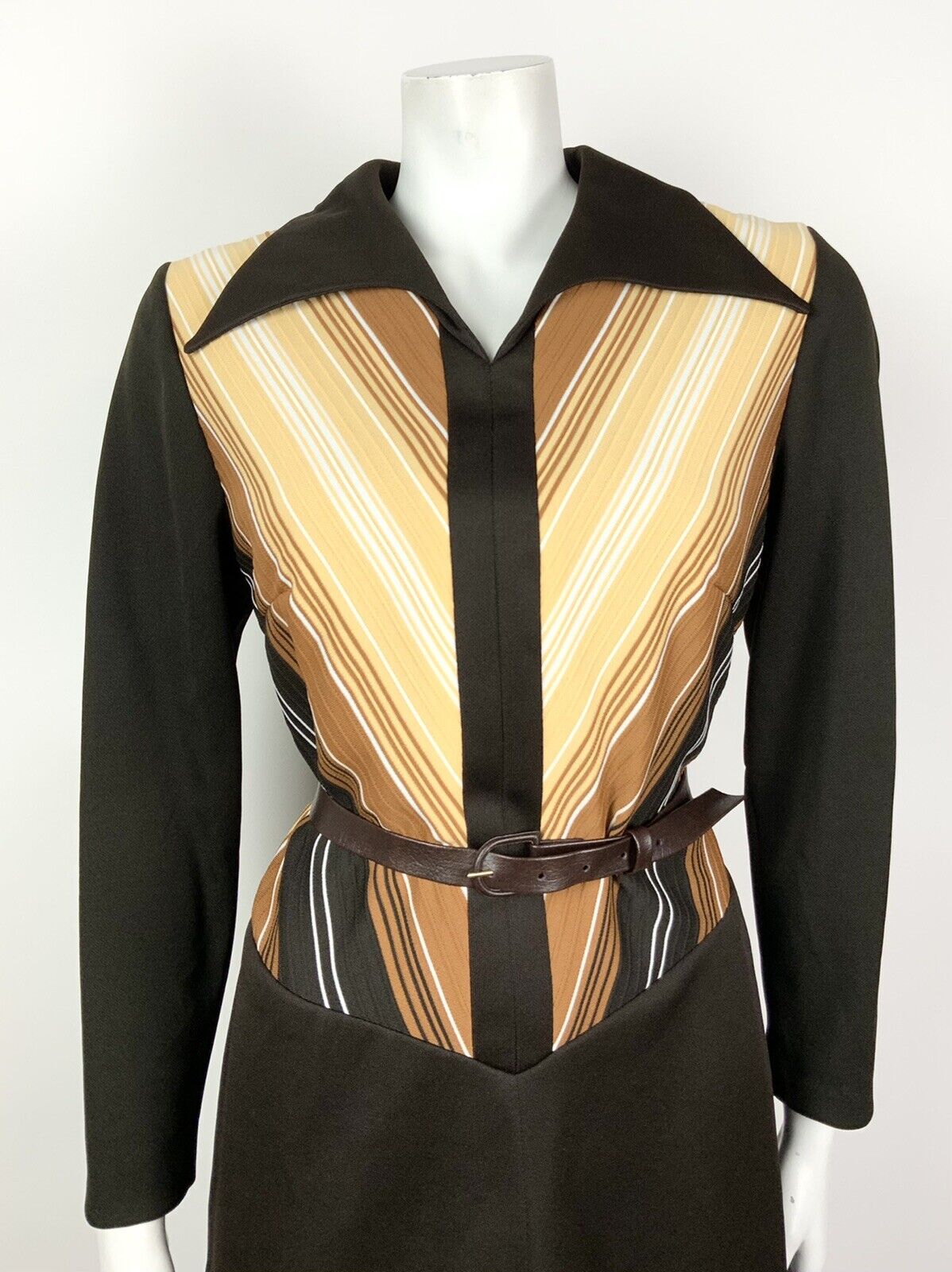 VTG 60s 70s MOD BROWN CREAM WHITE STRIPED WING COLLAR BELTED DRESS 14 16