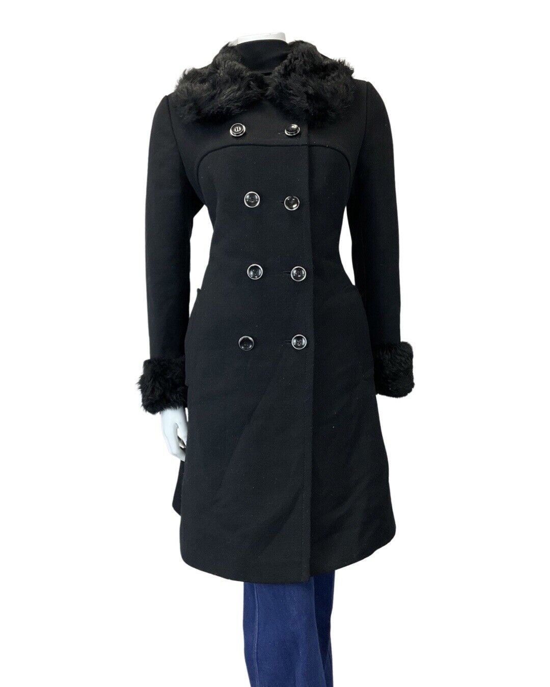 VINTAGE 60s 70s JET BLACK FAUX FUR DOUBLE BREASTED WOOL PRINCESS COAT 12
