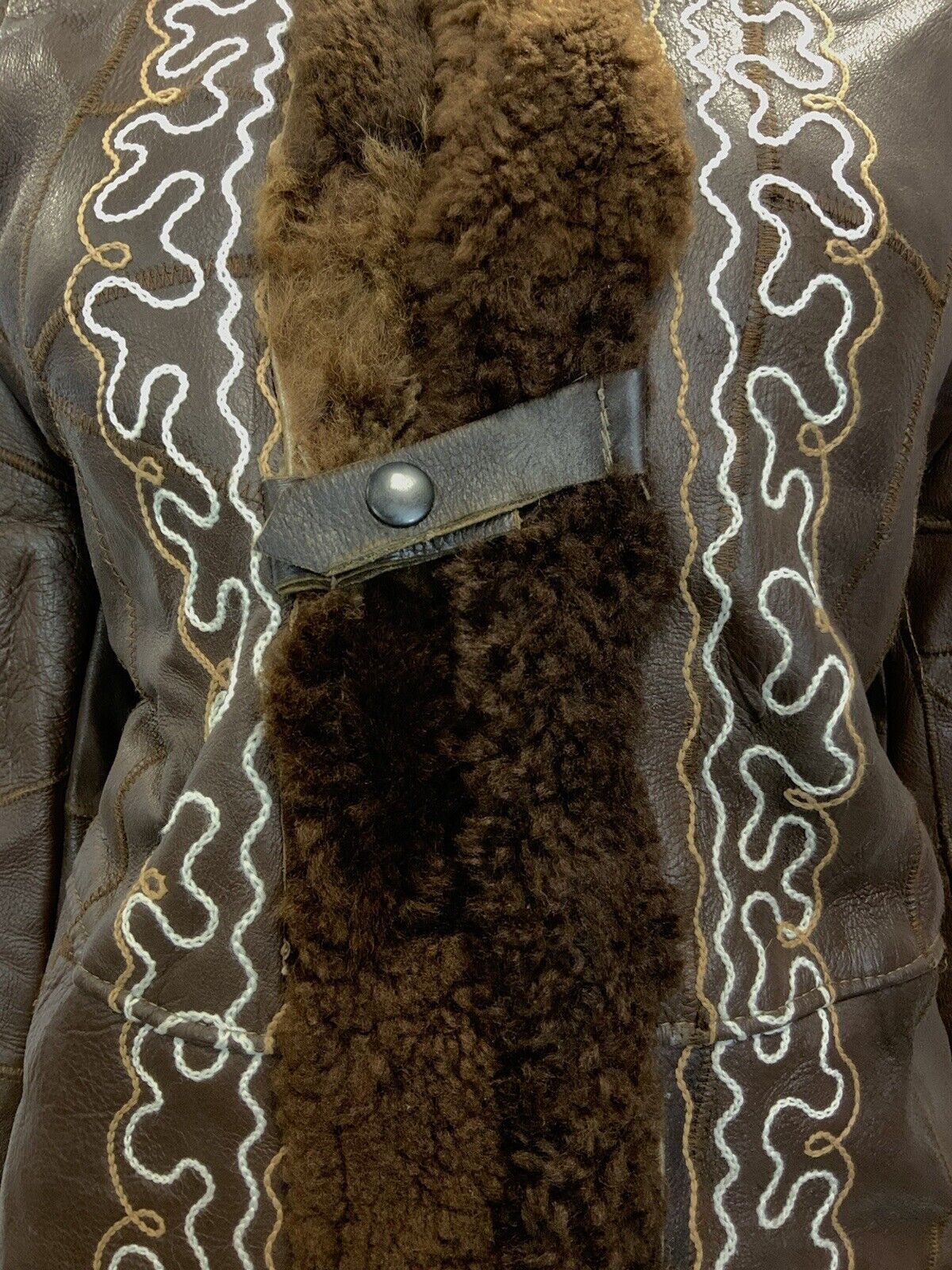 VTG 60s 70s BROWN WHITE EMBROIDERED FLORAL PATCHWORK HOODED LEATHER COAT 16 18