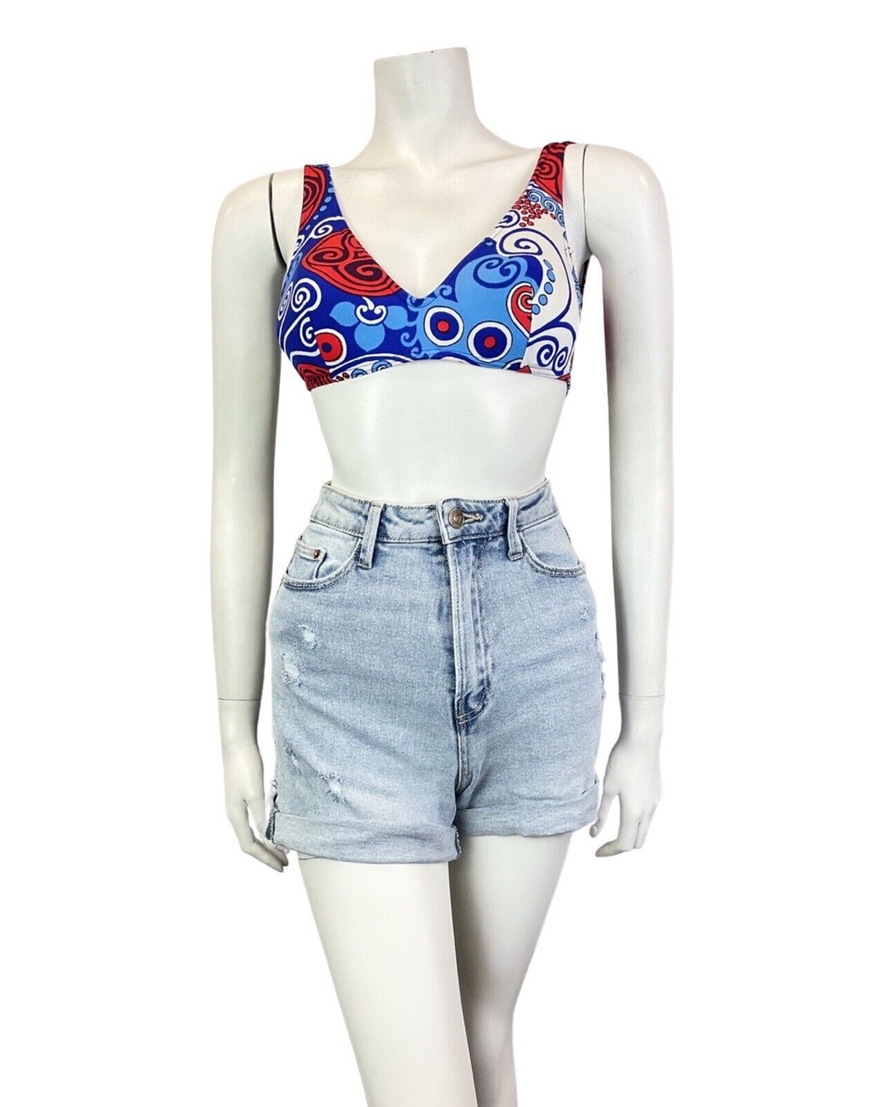 VINTAGE 60s 70s BLUE RED WHITE PSYCHEDLEIC SWIRL MOD BIKINI BRALETTE SHORTS 4