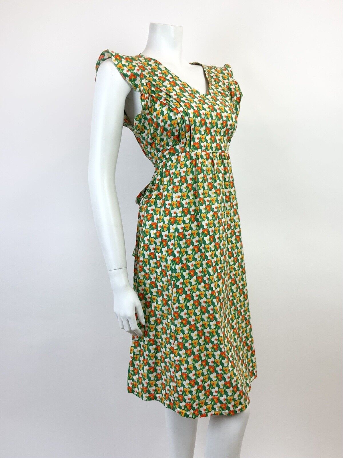 VTG 60s 70s GREEN WHITE ORANGE YELLOW FLORAL MOD SLEEVELESS SUMMER DRESS 12 14