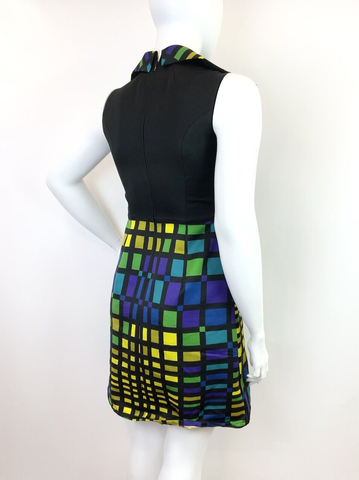 VINTAGE 60s 70s BLACK GREEN BLUE YELLOW GRID GEOMETRIC DAGGER SHIRT DRESS 14 16