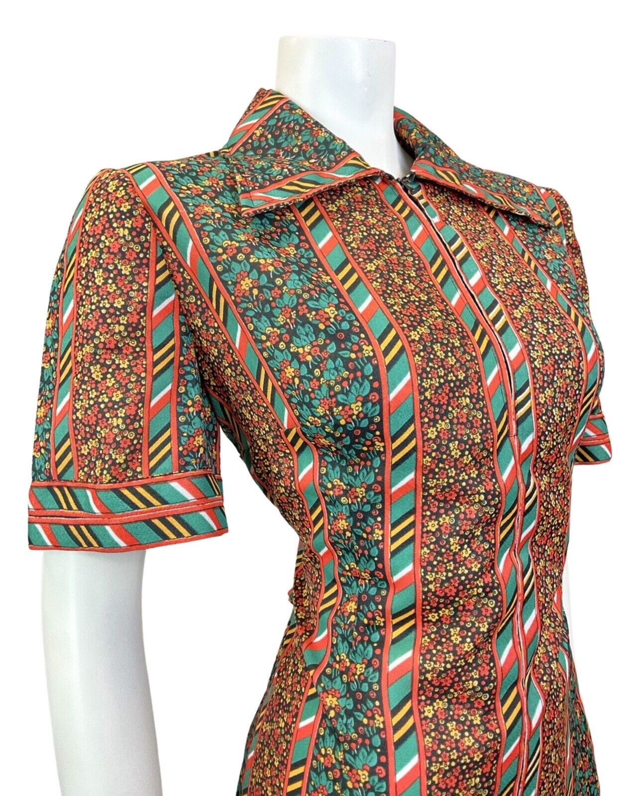 VINTAGE 60s 70s GREEN RED BLACK FLORAL DITSY STRIPED FOLK MOD SHIRT DRESS 12 14