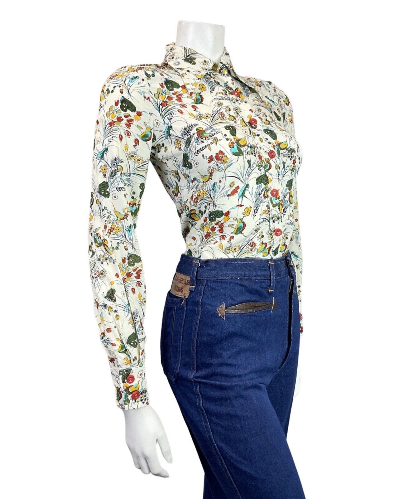VINTAGE 60s 70s WHITE GREEN RED FLORAL GARDEN BIRD BUTTERFLY MOD DAGGER SHIRT 8