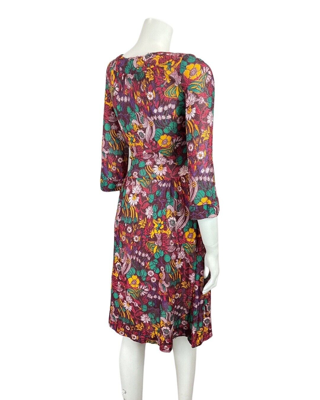 VINTAGE 70s 90s PURPLE GREEN YELLOW PSYCHEDELIC FLORAL LUREX SKATER DRESS 8