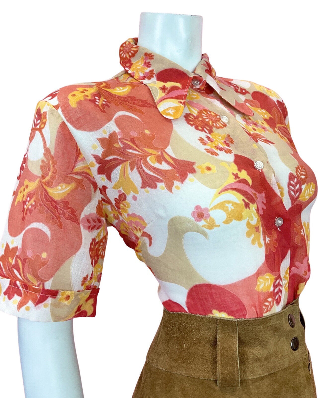 VTG 60s 70s RED ORANGE BEIGE PSYCHEDELIC SWIRL FLORAL SPOON COLLAR SHIRT 16 18