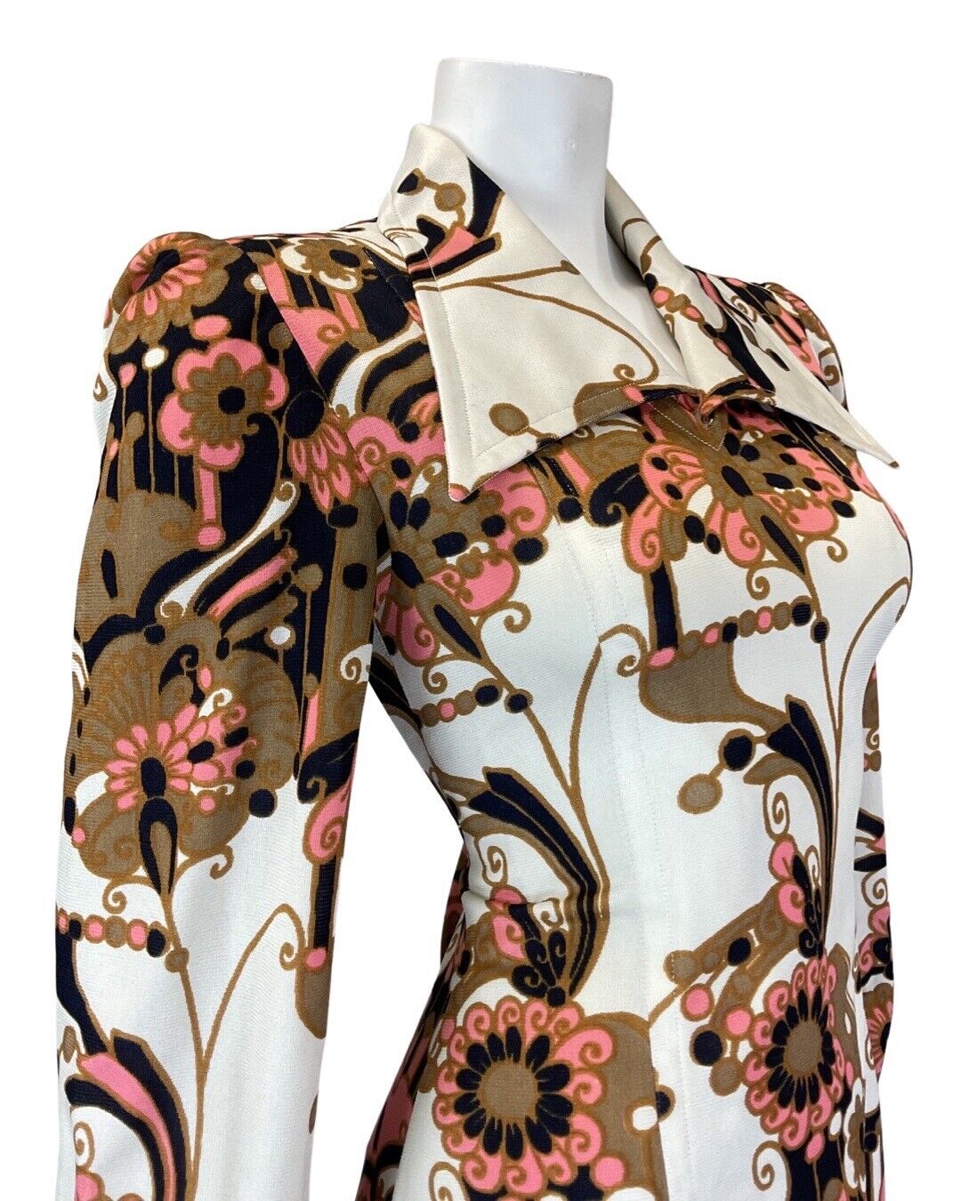 VINTAGE 60s 70s WHITE GOLD BLUE PSYCHEDELIC FLORAL MOD WING COLLAR SHIRT DRESS 8