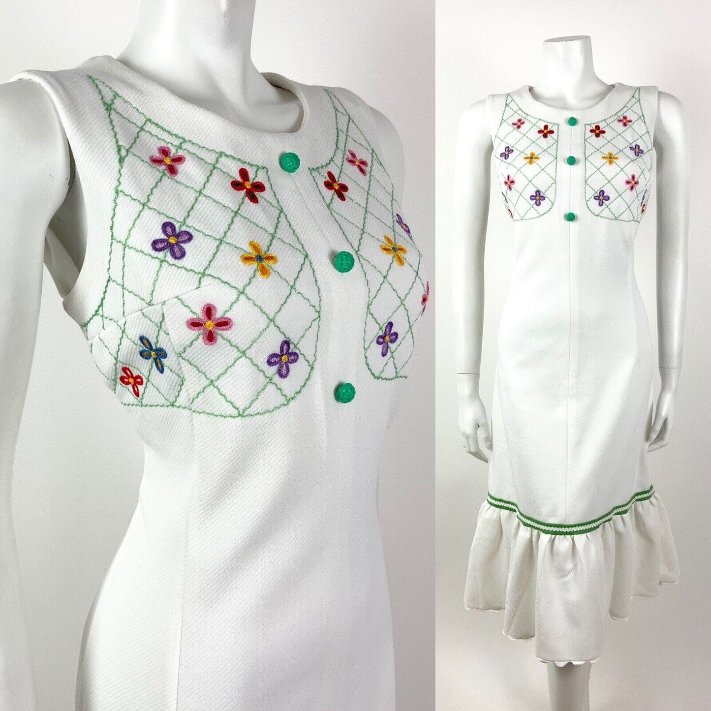 VTG 60s 70s WHITE GREEN RED FLORAL EMBROIDERED BOHO FOLK SLEEVELESS DRESS 12 14