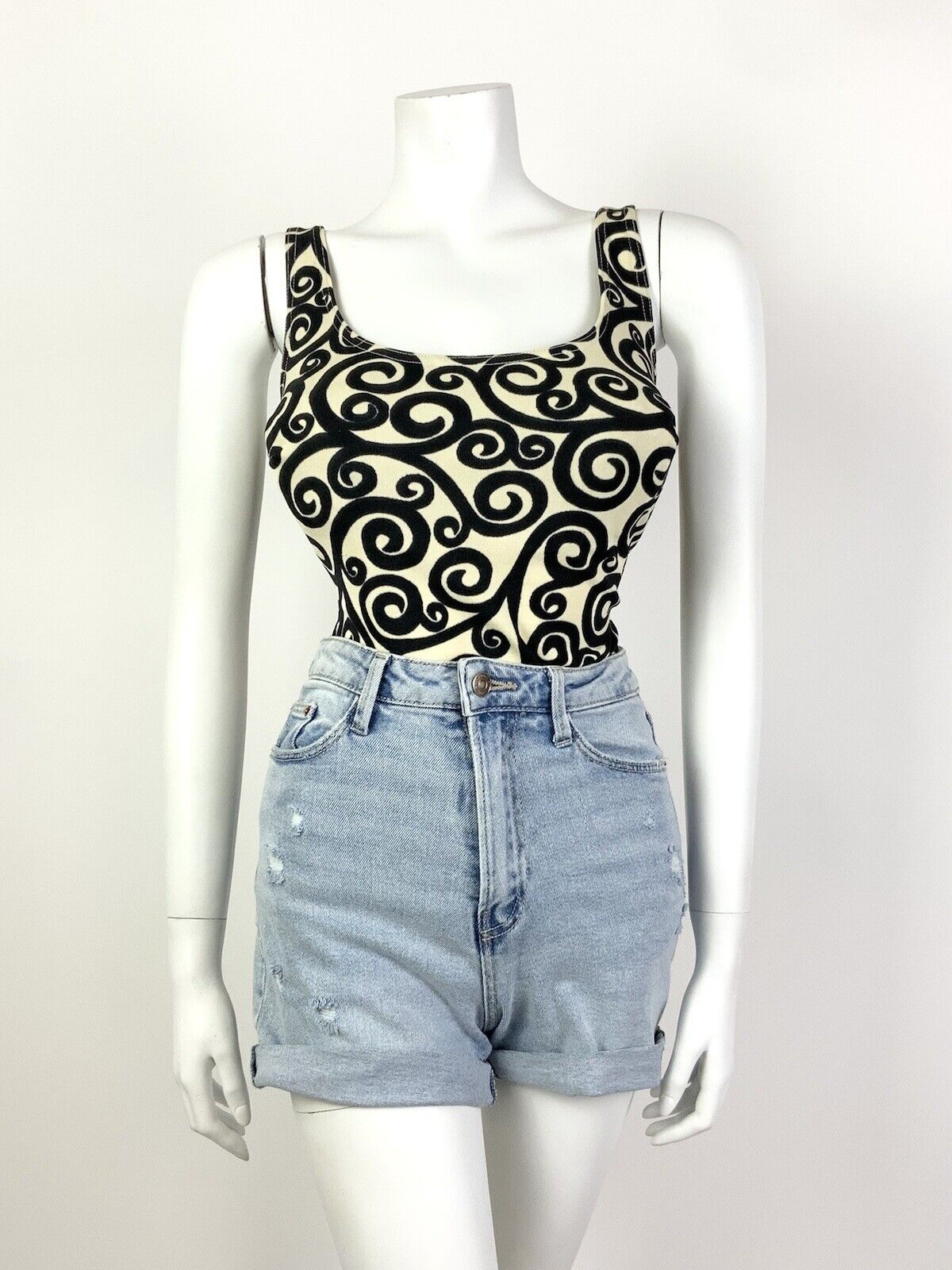 VTG 60s CREAM BLACK SWIRLING SCROLL MOD SWIM BODY BATHING SUIT 12 14