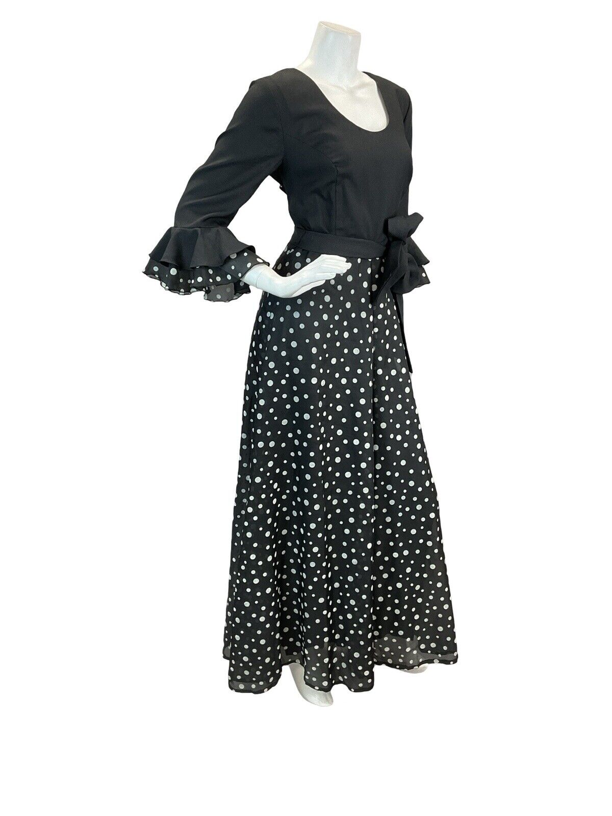 VTG 70S POLKA DOT FLAMENCO RUFFLE MAXI DRESS BLACK WHITE 10 12