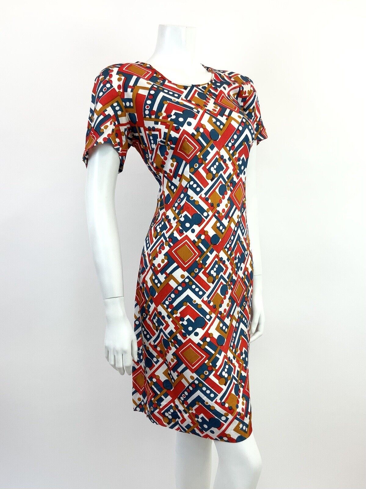 VINTAGE 60s 70s WHITE BLUE RED BRONZE GEOMETRIC DOTTY MOD DRESS 12 14