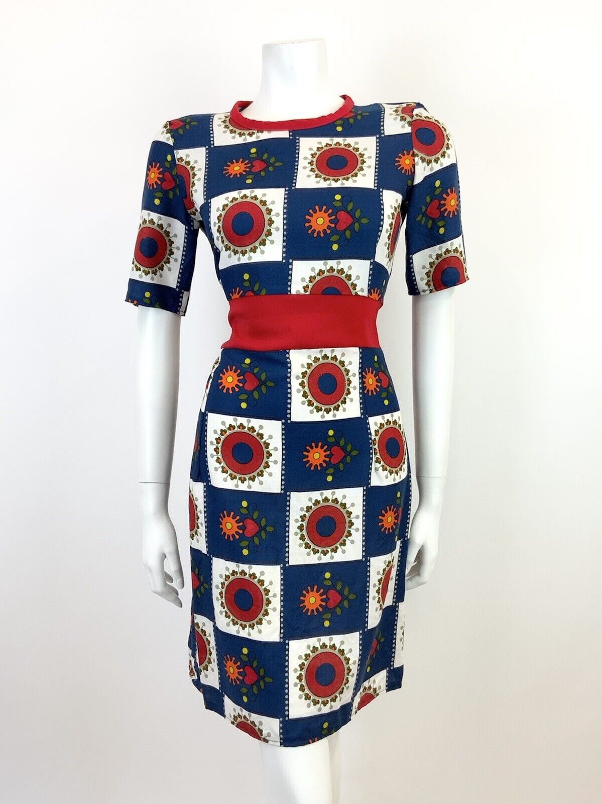 VINTAGE 60s 70s BLUE WHITE RED CHECKERBOARD HEART FLORAL MOD SHIFT DRESS 10 12