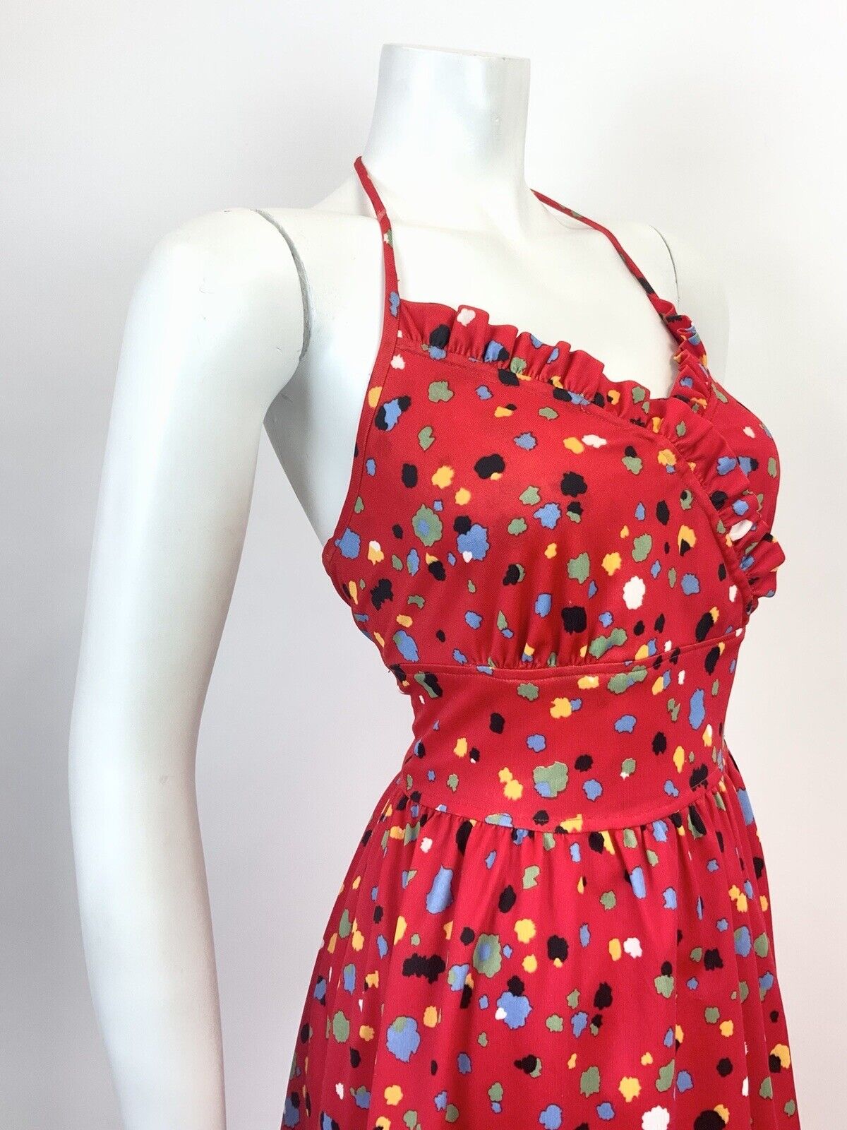 VTG 70s RED BLACK GREEN BLUE SPECKLED DOTTY HALTER SUMMER SUN DRESS 12 14