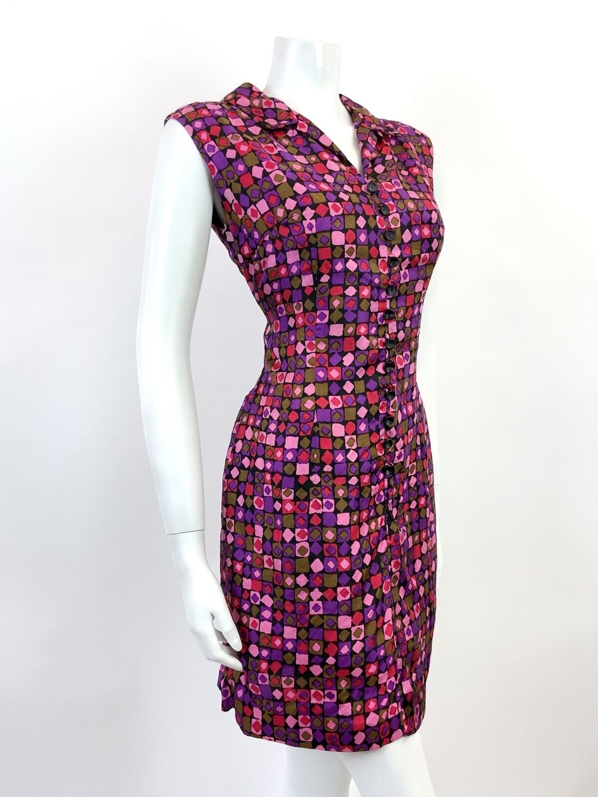 VINTAGE 60s 70s PURPLE PINK RED GOLD GEOMETRIC MOD SLEEVELESS SHIRT DRESS 10 12