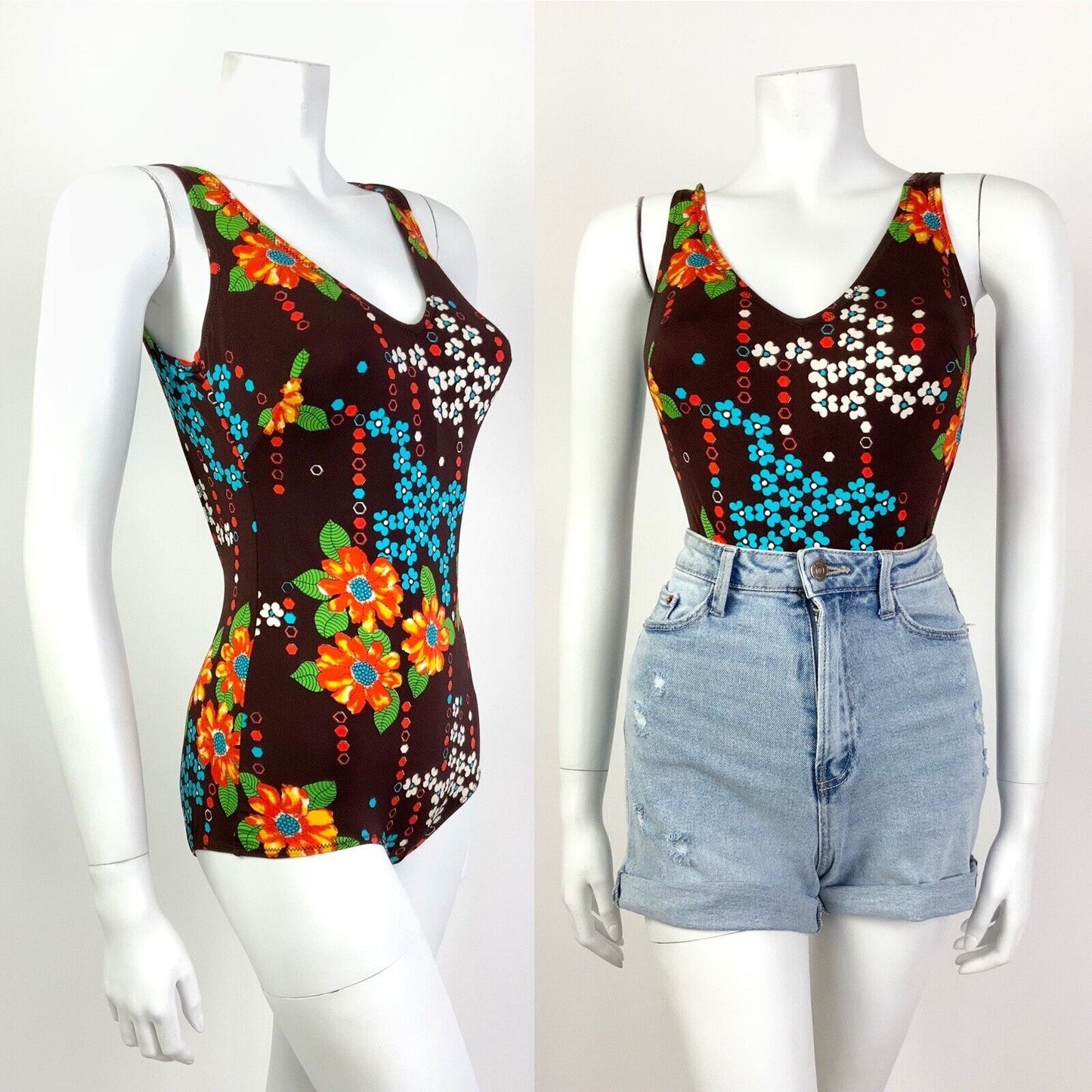VTG 60s 70s BROWN ORANGE BLUE FLORAL LOW-BACK MOD SWIMSUIT BODY SUIT 10 12