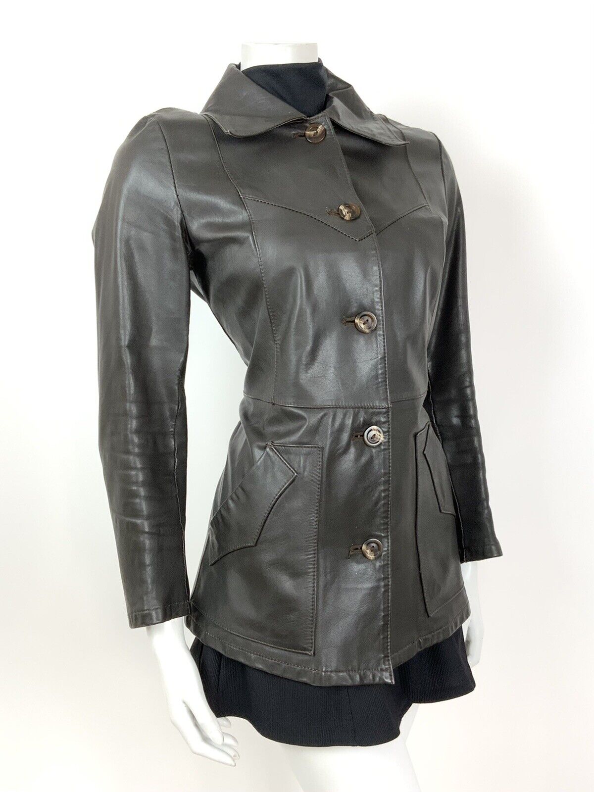 VINTAGE 60s 70s DARK BROWN DAGGER COLLAR MOD NORTHERN SOUL LEATHER JACKET 10 12