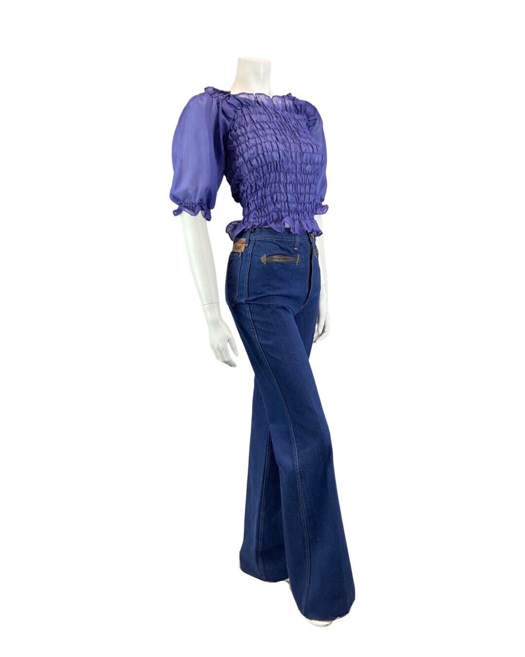 VINTAGE 60s 70s VIOLET PURPLE SHEER SHIRRED BOHO MOD BLOUSE TOP 8 10
