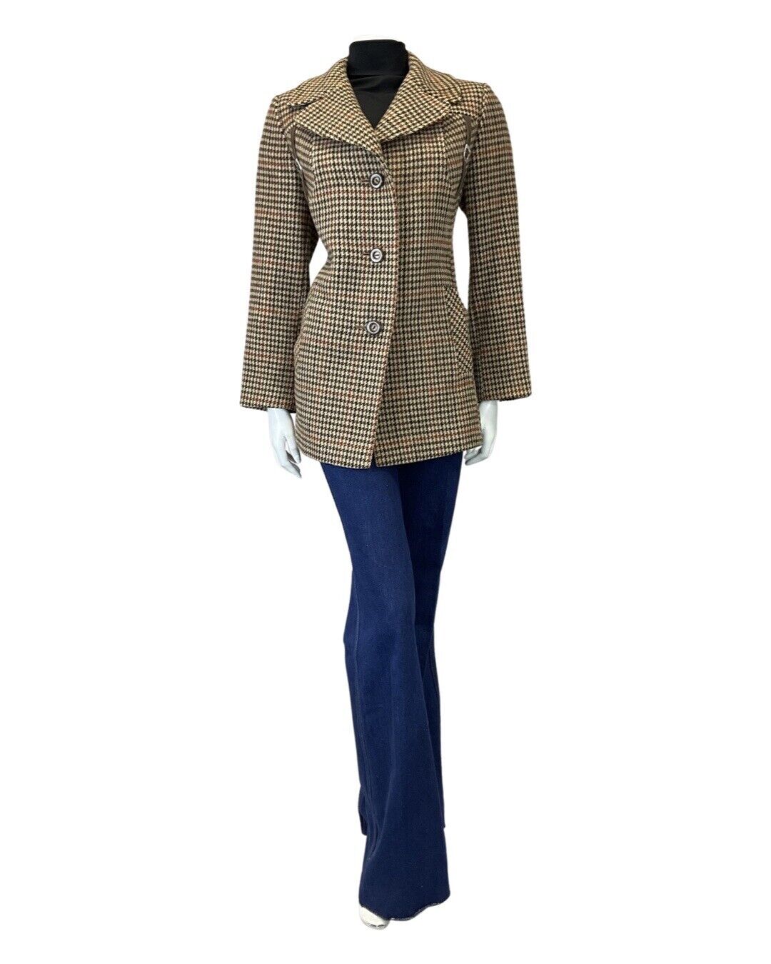 VINTAGE 60s 70s BROWN GREEN CREAM TWEED HOUNDSTOOTH SHORT WOOL COAT 14